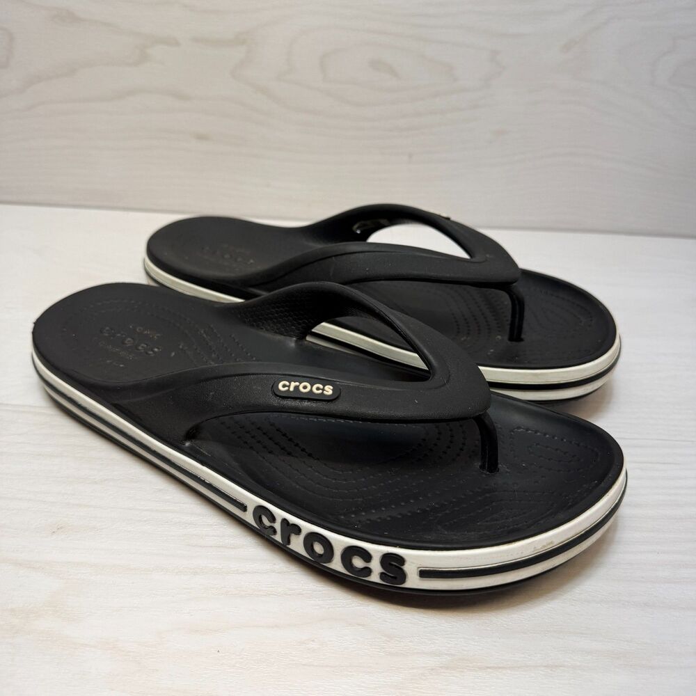 Crocs Bayaband Thong Flip‎ Flops Unisex Size 6M/8W Black Leather Casual Comfort
